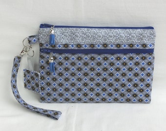 Pochette avec 2 poches Zippées et dragonne amovible, Trousse à document, téléphone ou maquillage, Tissu Fleur de Tournesol, étui porté main