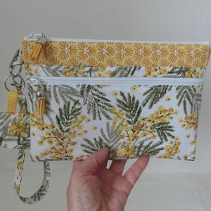 Pochette à main 2 poches zippées et dragonne amovible, Trousse document et Téléphone, Tissu Coton fleur mimosa, Sac Femme, Fait main