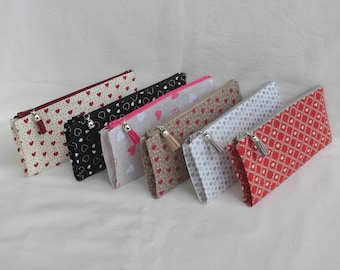 Trousse zippée à soufflet pour crayons ou Pinceaux maquillage, Tissu Coton Cœur, étui Pochette Femme Rangement Accessoires école ou bureau