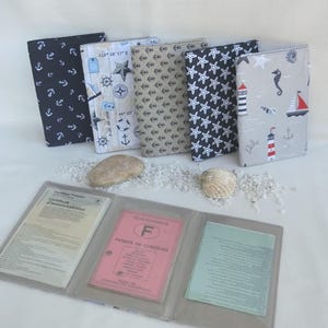 Pochette Tissu Marin et Vinyle Crystal pour Carte grise, Permis de conduire, Assurance voiture, Trousse papiers voiture, Fait main en France