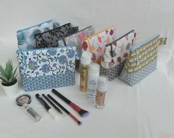 Pochette de rangement Maquillage, Trousse trapèze zippée et doublée, Tissu Coton Japonais et Fleuri, Pochette Accessoires divers ou Crayons