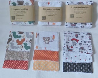 Set of 7 washable wipes, 10 x 10 cm, cotton/bamboo terry cloth, cleansing and makeup-removing squares for face and body, for babies and children
