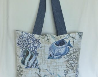Beach tote bag, fish print fabric and recycled denim, all-purpose bag, shoulder bag, handmade bag, summer fashion accessory