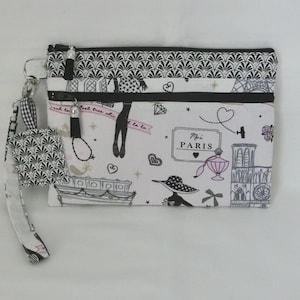Borsa a mano, 2 tasche con cerniera e cinturino da polso rimovibile, custodia per documenti, telefono o trucco, tessuto parigino e giapponese, realizzata a mano in Francia
