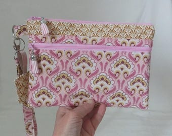 Handbag with 2 zipped pockets and removable wrist strap, ideal for documents, phone, or makeup, Arabesque floral fabric, Handmade in France