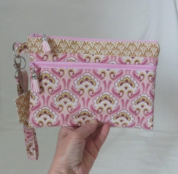 Pochette à main 2 poches Zippées et dragonne amovible, Trousse à document, téléphone ou maquillage, Tissu Fleur Arabesque, Fait main France