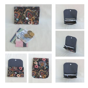 Porte Monnaie zippé à soufflets avec 2 compartiments à Document et Porte cartes, Tissu Coton, Pochette de rangement Sac à main Femme / Fille Paisley Bleu Marine