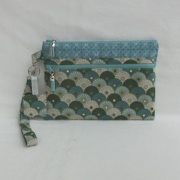 Pochette avec 2 poches Zippées et dragonne amovible, Trousse à document, téléphone ou maquillage, Tissu éventail Japonais et Kaléidoscope