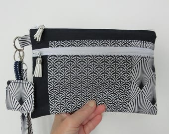 Handbag with 2 zipped pockets and removable wrist strap, Baroque fabric, ideal for documents, phone, or makeup, handmade