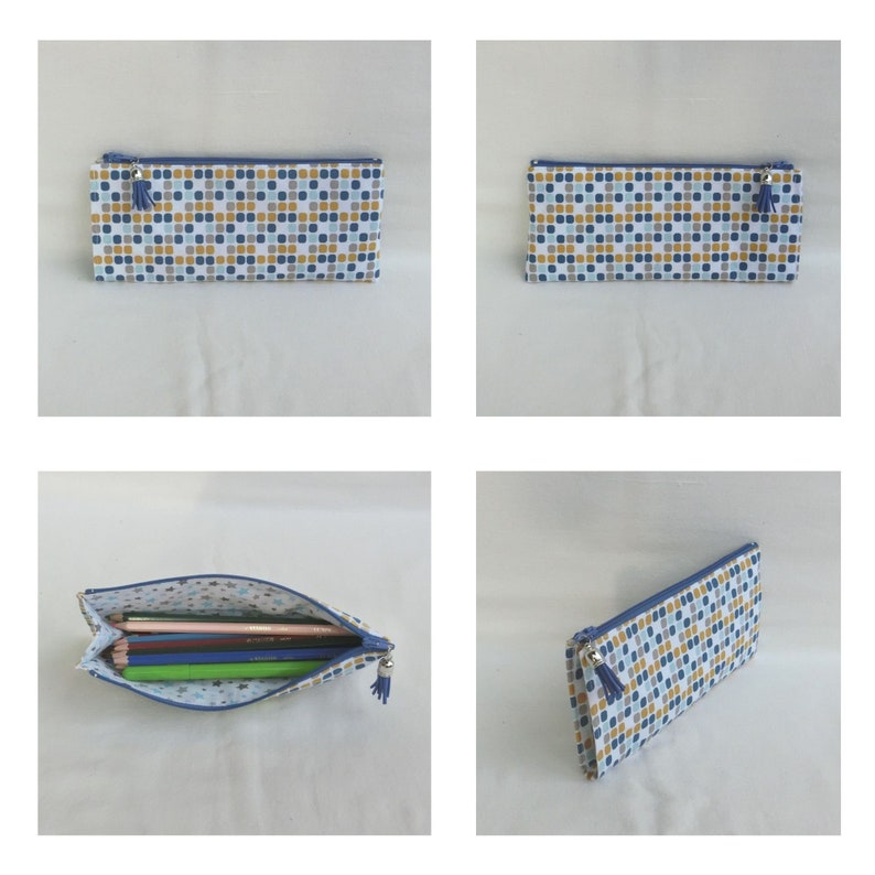 Zipped pouch with bellows for pencils, felt-tip pens or pens, cotton fabric with childish pattern, storage case for school or office accessories Carré géométrique