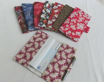 Housse protège Carnet de chèques avec porte stylo, Tissu Coton Japonais, Porte chéquier, étui pour chéquier portefeuille, Pochette femme