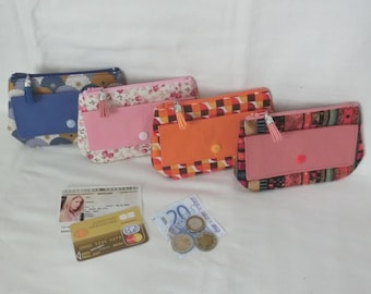 Zipped coin purse with 1 flap pocket for documents or cards, women's handbag, cotton fabric, handmade gift