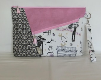Large document holder with storage pockets and wrist strap, Paris and Japanese fabric, women's tote bag, handmade