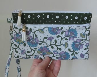 Handbag with zip closure and wrist strap, 3 storage pockets for documents, cards, wallet, floral fabric, women's pouch