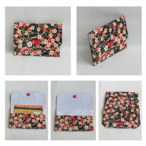 Porte Cartes / Pochette avec 3 poches de rangement, Carte bancaire, de fidélité, Carte bleue, Cartes de visite, Tissu Fleur du Japon, Cadeau Fleur du Japon Rouge