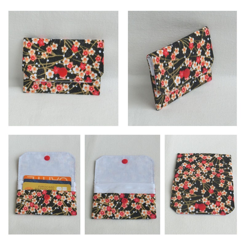 Porte Cartes / Pochette avec 3 poches de rangement, Carte bancaire, de fidélité, Carte bleue, Cartes de visite, Tissu Fleur du Japon, Cadeau Fleur du Japon Rouge
