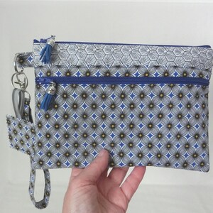 Pochette à main, 2 poches Zippées et dragonne amovible, Trousse à document, téléphone ou maquillage, Tissu Fleur de Tournesol, Fait main