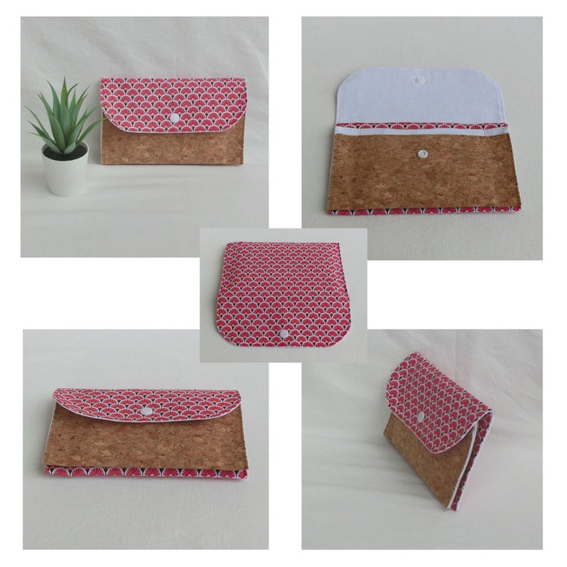 Document holder pouch 3 compartments, Cork and Cotton Fabric, Catch all for papers / Phone, card case, Women's Storage Kit éventail rouge