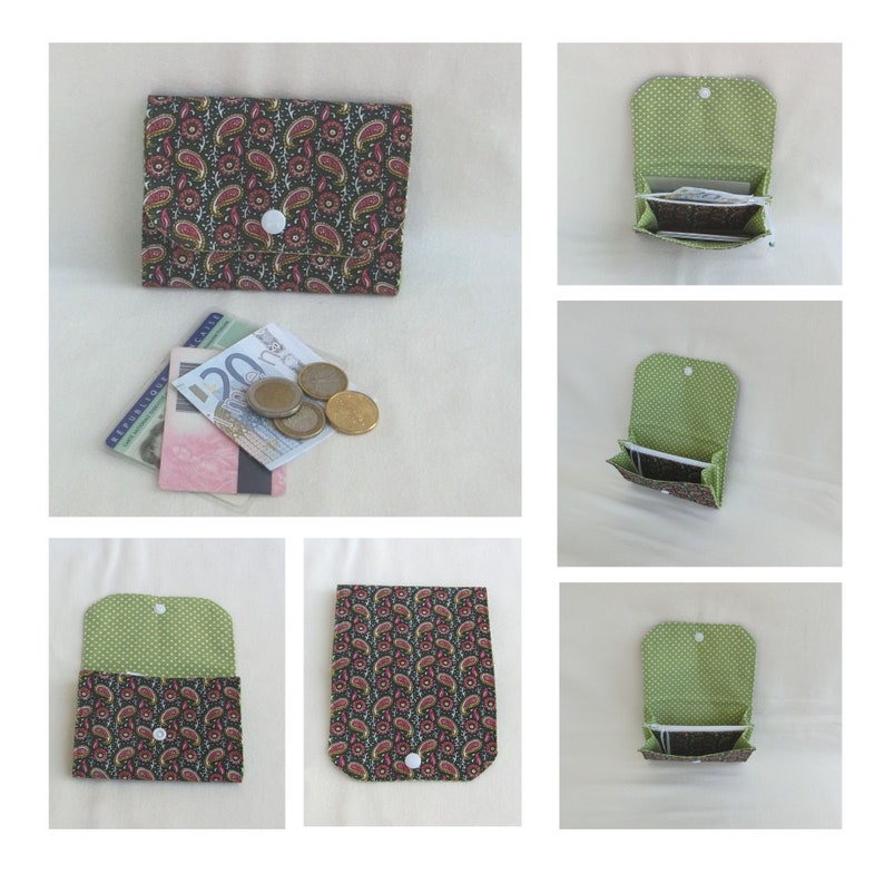 Porte Monnaie zippé à soufflets avec 2 compartiments à Document et Porte cartes, Tissu Coton, Pochette de rangement Sac à main Femme / Fille Paisley Vert