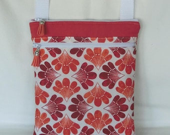 Padded shoulder bag, 25 x 21 cm, 2 zipped pockets, Amanda fan-patterned cotton fabric, Women's shoulder bag, Handmade