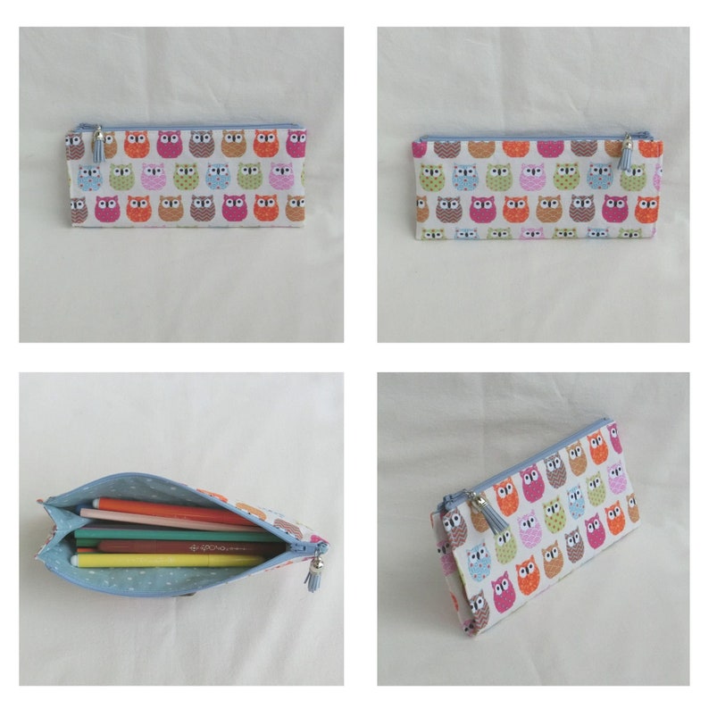 Trousse zippée à soufflet pour crayons, Feutres ou stylos, Tissu coton motif enfantin, étui de Rangement pour Accessoires école ou bureau Hibou Zip Bleu