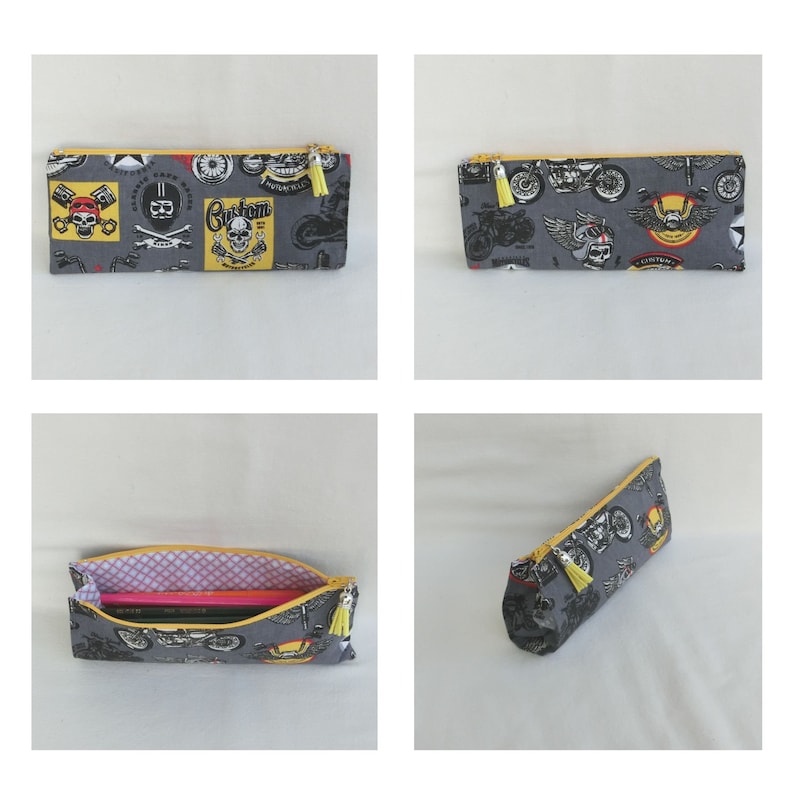 Trousse zippée à soufflet pour crayons, Feutres ou stylos, Tissu coton motif enfantin, étui de Rangement pour Accessoires école ou bureau Bikers