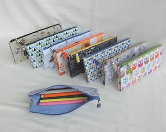 Zipped gusseted pencil case for pencils, markers or pens, cotton fabric, back-to-school accessory storage case, school pencil case