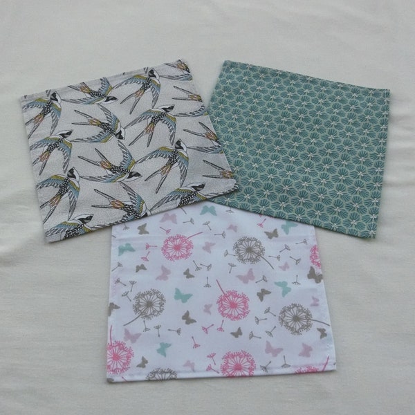 Set of 3 cotton fabric handkerchiefs, washable and reusable handkerchief, zero waste gift idea, adult woman or teenage girl