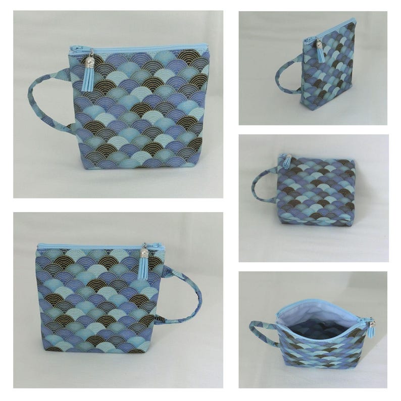 Tea bag, herbal tea or coffee pod pouch, pouch with 1 interior compartment, women's purse, Japanese fabric, handmade éventail bleu