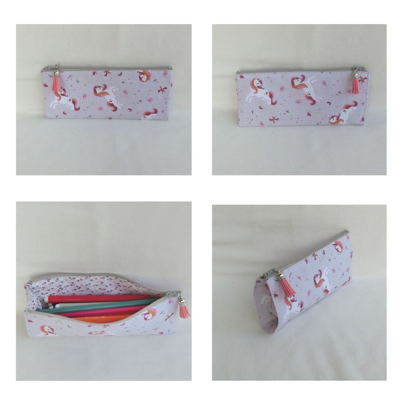 Zipped pouch with bellows for pencils, felt-tip pens or pens, cotton fabric with childish pattern, storage case for school or office accessories Licorne