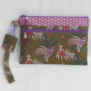 Borsa da donna, 2 tasche con cerniera / cinturino da polso rimovibile, custodia per documenti o telefono, custodia per il trucco, tessuto esotico di cacatua
