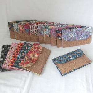 Portadocumenti a 3 scomparti, in sughero e tessuto giapponese o floreale, portacarte/telefono o portacarte, astuccio fatto a mano