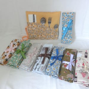 Pochette molletonnée Rangement Couverts et Serviette, Tissu Coton, Trousse nomade à rouler, Trousse Porte couverts Pique nique, Fait main