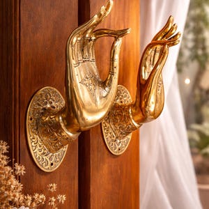 Set of 2 Brass Shuni Mudra Hands (S,M,L sizes) | Batik Buddha Hand Wall Hook | Yoga Studio Wabi Sabi Decor | Door Handle Pull