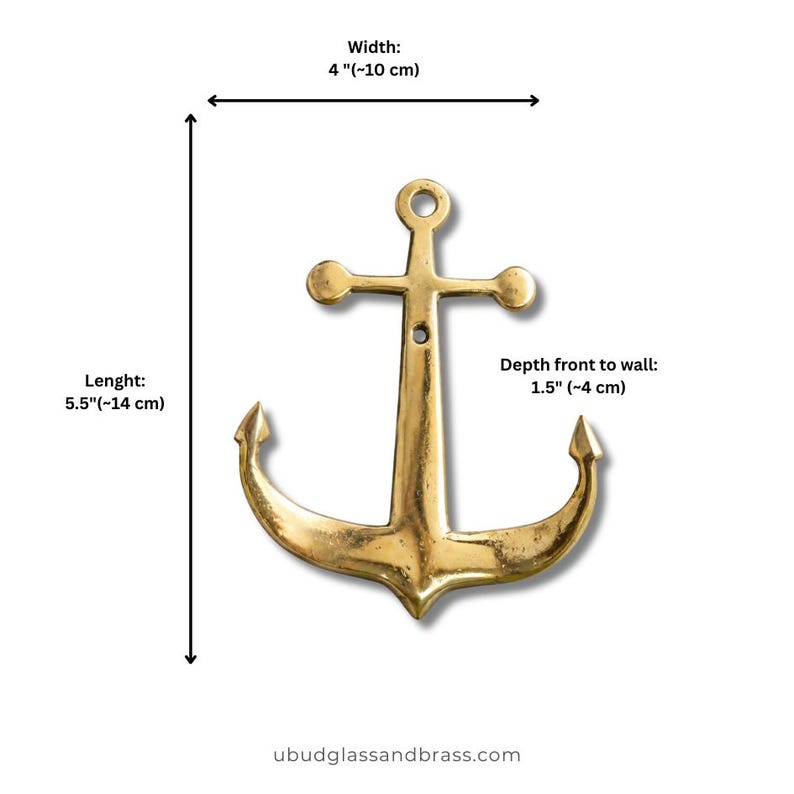 Size chart for brass anchor wall hook showing width 4 inches 10 cm, length 5.5 inches 14 cm, and depth front to wall 1.5 inches 4 cm
