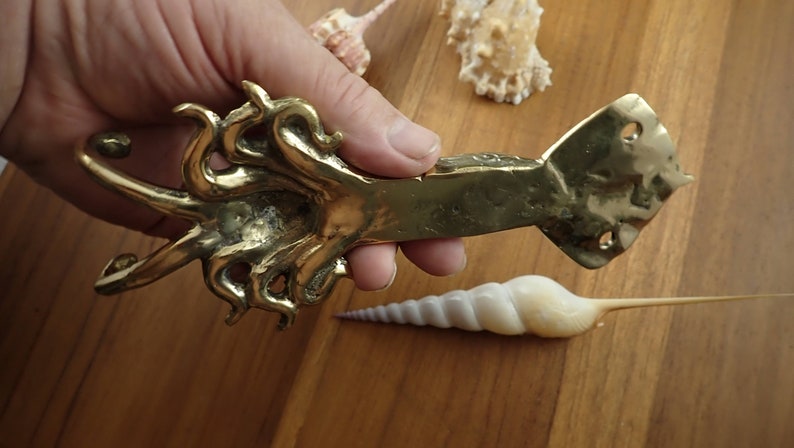 Squid wall hook in hand over wooden background showing real color and finish