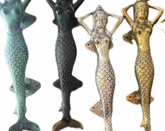 Maniglia per porta vintage in ottone a forma di sirena, decorazione d'ingresso nautica