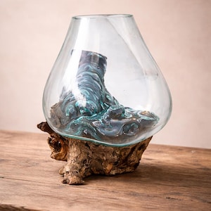 Molten Glass Bowl on Driftwood, Unique Flower Vase