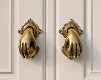 Door Knocker Set, Brass Hand Fist Ball Pair — Gothic Decor Front Door, Housewarming Gift, Dark Academia Vintage Entry Hardware