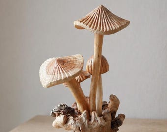 Hand Carved Wooden Mushroom Decor – Toadstool Figurine, Burl Base Sculpture (5" 8")