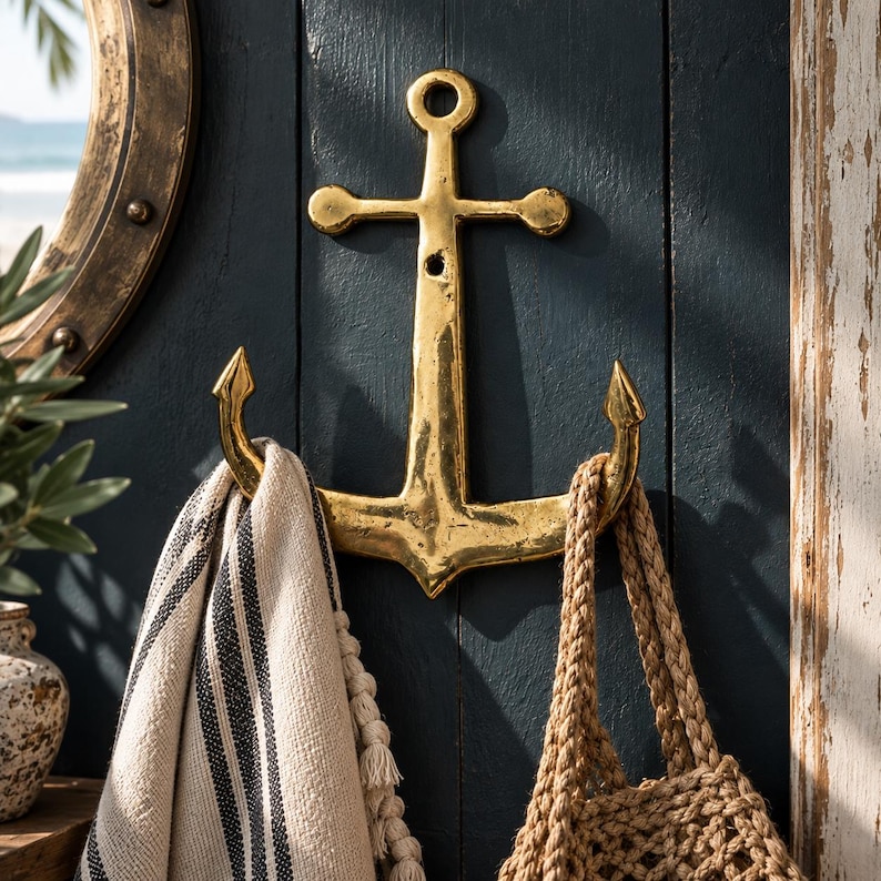 Brass anchor wall hook mounted on a dark blue wall near a round porthole mirror, holding a striped towel and woven bag, vintage maritime wall decor