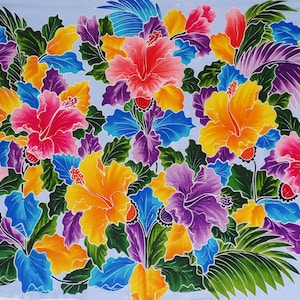 Handgeschilderde Hibiscus batik sarong, kunst aan de muur