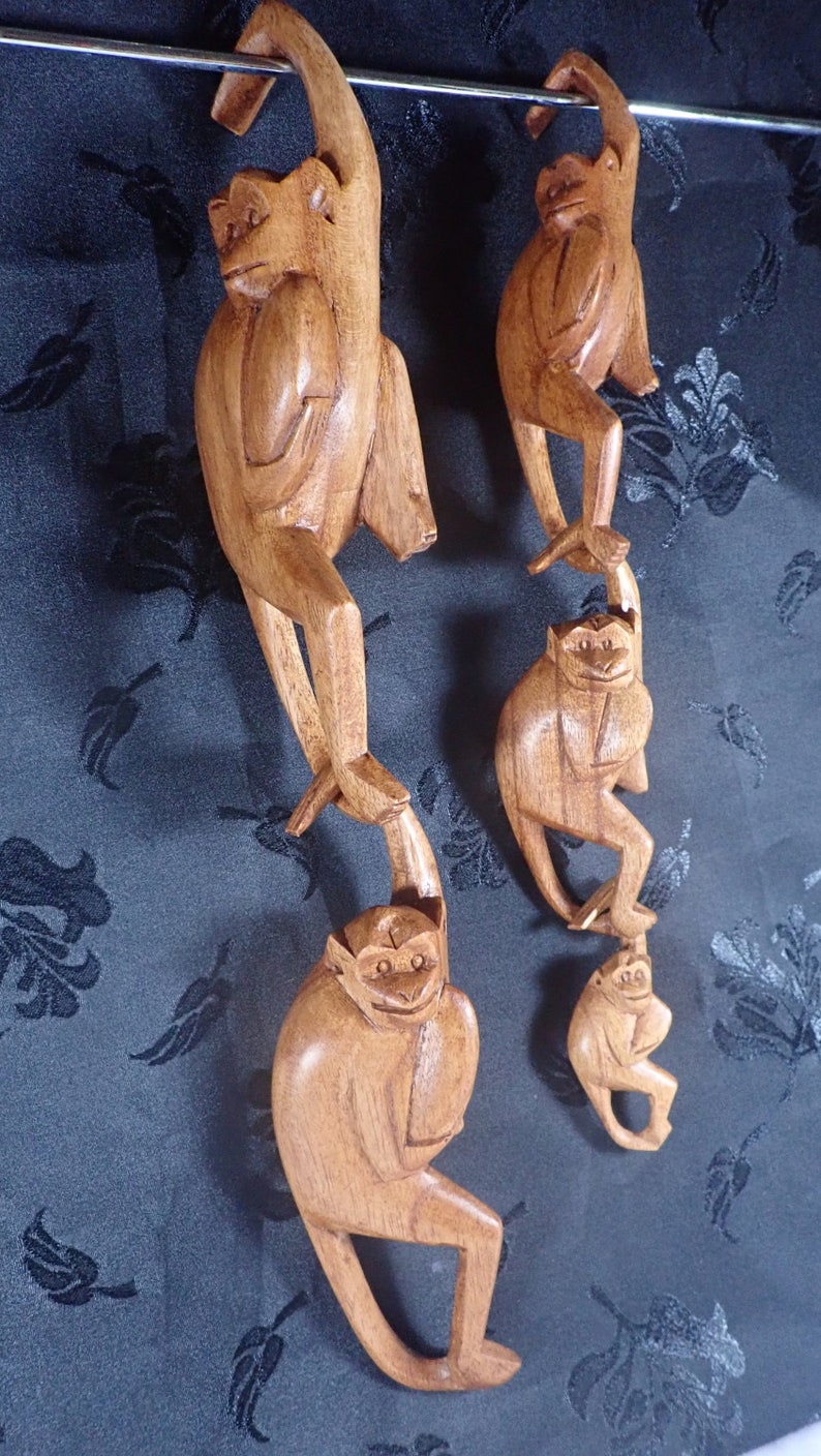Affe Skulptur, Mönchfamilie, handgeschnitztes Holz Bild 6