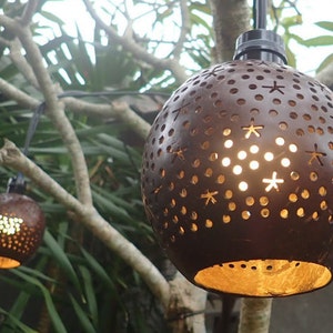 Hand carved coconut shell pendant light outdoors, boho coconut hanging lamp decor
