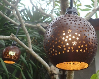 Coconut bistro patio light hand carved in Bali for patio or outdoor lighting 6 pieces