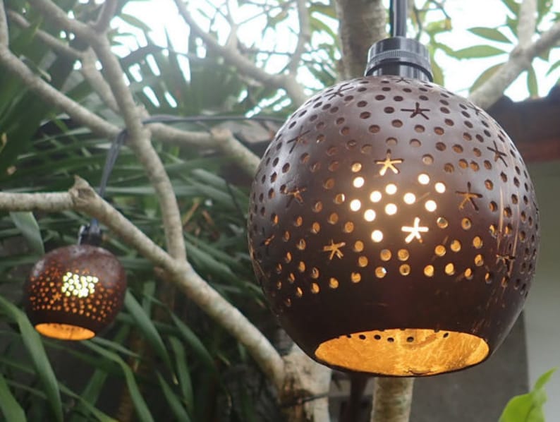 Hand carved coconut shell pendant light outdoors, boho coconut hanging lamp decor