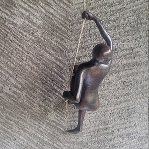 Brass climbing sculpture, #5 variation large solid bronze metal wall sculptures decor. Athlete figurine, climbing woman
