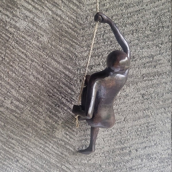 Brass climbing sculpture, #5 variation large solid bronze metal wall sculptures decor. Athlete figurine, climbing woman