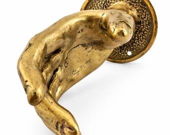 Handshake Door Handle Pull – Brass Hand Wall Sculpture, Left or Right Wall Mount