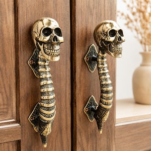 Brass Skull Door Handle Pair | Gothic Double Door Pull | Dark Academia Entry Hardware | Skeleton Door Handle | Housewarming Gift | Handmade